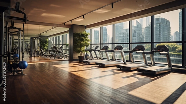 Fototapeta gym within a boutique hotel, state - of - the - art equipment, mirrored walls, wood floors, a large window revealing a city view, modern and sleek