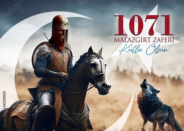 Obraz On August 26, 1071, the Battle of Malazgirt, won by Alp Arslan, ruler of the Great Seljuk Empire, and the wolf, the symbol of the Turk. English translation: "Happy Victory of Malazgirt."