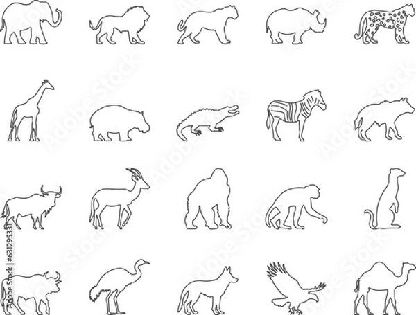 Obraz African Animals Icons Set. Elephant, Giraffe, Lion, Zebra. Editable Stroke. Simple Icons Vector Collection