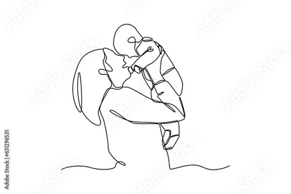 Obraz Baby sitter picks up the baby, hand drawn doodles logo. Nanny minimalist concept. isolated vector illustration.