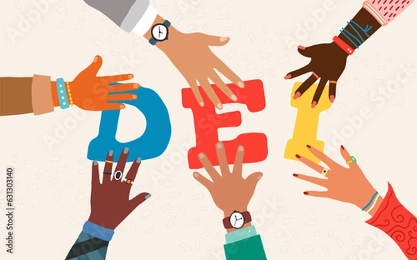 Fototapeta The Power of Teamwork. A group of people forming the word "DEI" with their hands.