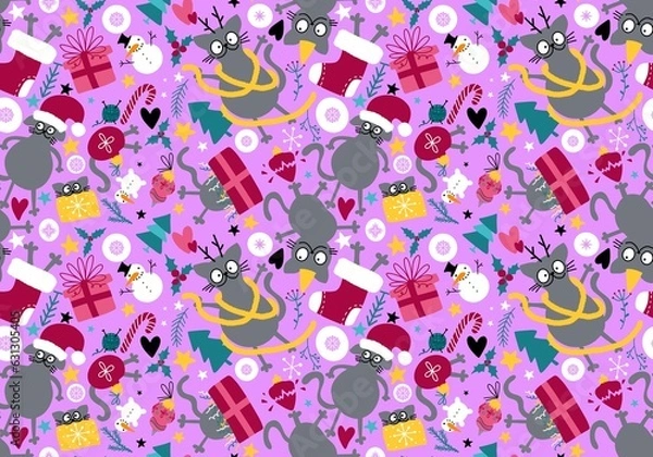 Obraz Christmas animals seamless cats and gift box and tree and toys pattern for wrapping paper and fabrics