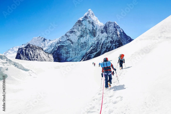 Fototapeta Group of climbers reaching the Everest summit in Nepal. Team work concept. Everest region