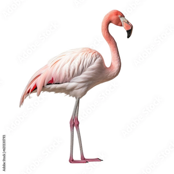 Fototapeta A flamingo with pink feathers, long neck, standing against a transparent backround, seen from the side.