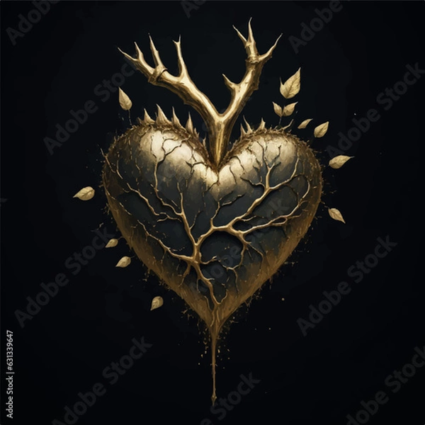 Fototapeta gold heart watercolor with thorns on black background