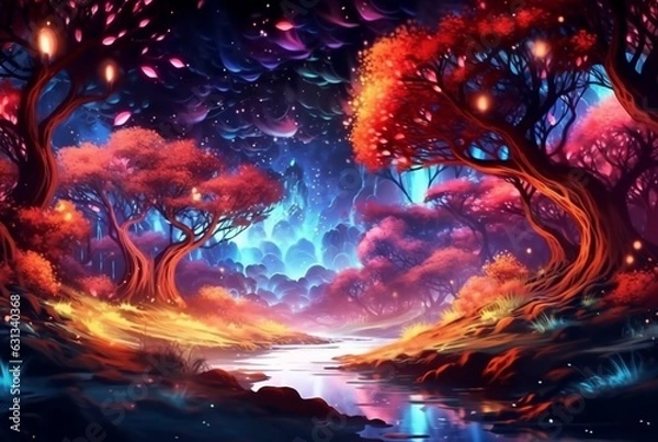 Fototapeta abstract landscape. colorful art fantasy landscape with a forest and glowing light. generative ai