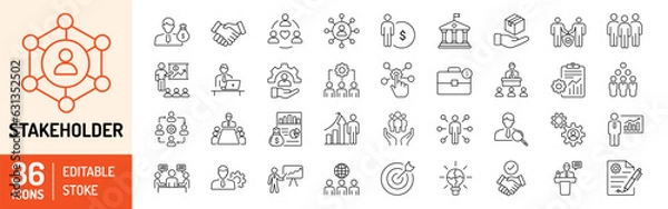 Fototapeta Stakeholder editable stroke icons set. Business, teamwork, trade unions, suppliers, government, customers, creditors, community, investors and partners. Vector illustration