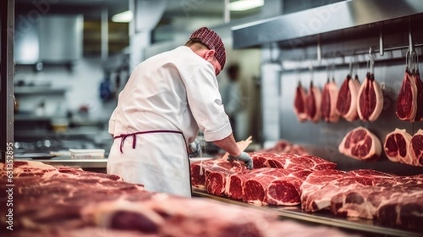 Fototapeta butcher cuting meat in a butcher shop generative ai