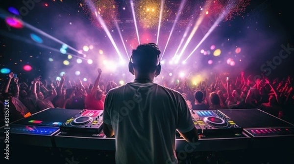 Fototapeta DJ mixing tracks in a nightclub generative ai