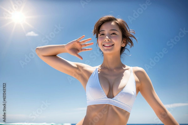 Fototapeta 青空をバックに健康的に微笑む白いビキニ姿の若い日本人女性 AI Generated