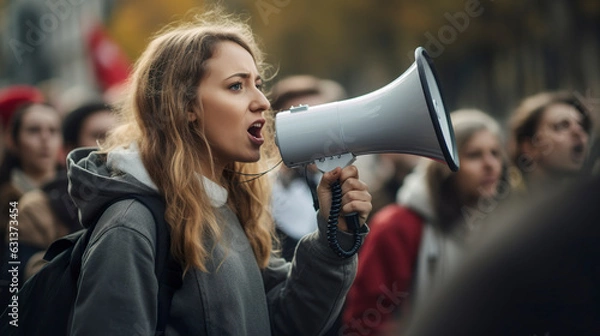 Fototapeta Woman using megaphone to protest during a demonstration as a female activist. A woman engaged in activism, using a megaphone to make her voice heard amidst a demonstration. Generative AI