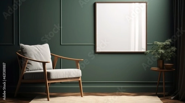 Fototapeta Mock up poster frame in dark green living room interior, ethnic style, 3d render