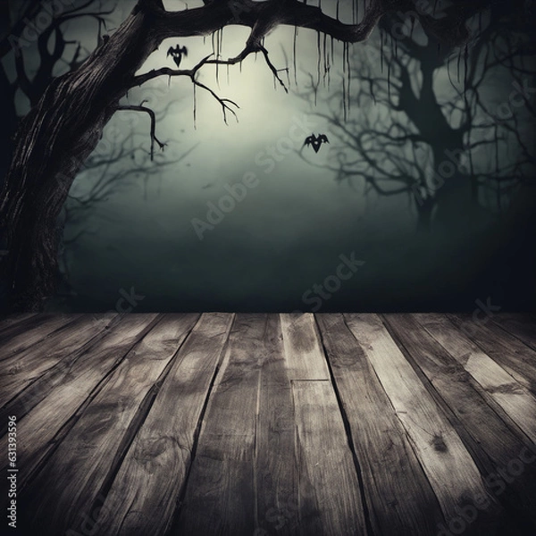 Fototapeta Spooky halloween background with empty wooden planks, dark horror background. Celebration theme, copyspace for text. Ideal for product placement, generative ai