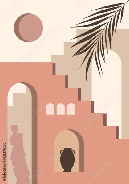 Fototapeta Abstract modern aesthetic background with desert landscape, staircase, palm tree, vases, sun.