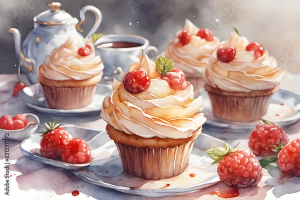 Fototapeta cupcakes with cream and strawberries