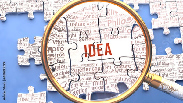 Obraz Idea being closely examined along with multiple vital concepts and words directly related to Idea. Many parts of a puzzle forming one, connected whole as a symbol of complexity,3d illustration