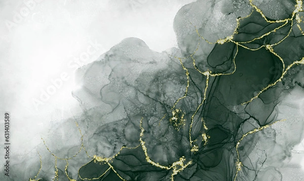 Fototapeta green alcohol ink graceful abstract ink flow art mixed with gold patterns with a translucent background.	