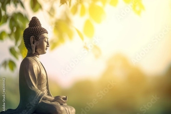 Obraz Vesak Day concept: Buddha statue in nature sunset blurred background, Generative AI