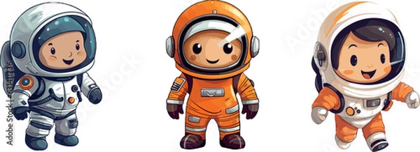 Obraz Set of cartoon characters astronauts kids in space suit, funny happy child, isolated on transparent white background vector