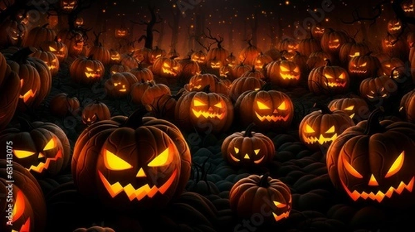 Fototapeta Halloween pumpkins with scary faces at night forest. Illustration of halloween scary pumpkins with glowing eyes and grin angry smile at dark. Pattern for design. Halloween Holiday art concept.