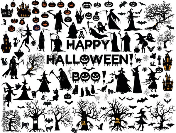 Fototapeta Halloween silhouettes. Witch, pumpkin, grim reaper, cobweb, spider, black cat, dry scary trees, ghost, Happy Halloween.