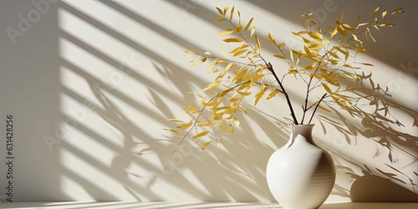 Fototapeta Minimalistic light background with a ceramic vase with the plant and blurred foliage shadow on a light wall. Generated AI.