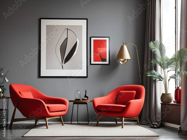 Fototapeta Yellow, red, pink, sky armchairs and big mock up poster frame on the gray wall. Mid-century interior design of modern living room, AI Generate