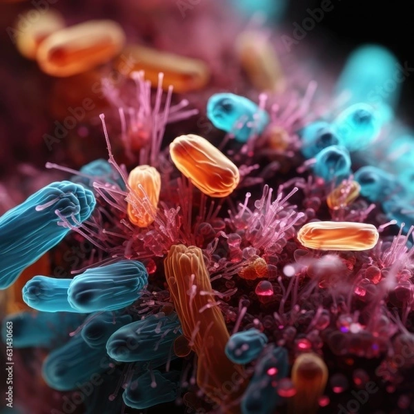Obraz Bacteria cells close-up under a microscope. Enlarged bacterial rods. Generative AI
