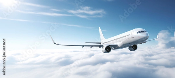 Obraz Passenger airplane  in the sky above the clouds, passenger airplane gear released takes off in sky, beautiful panoramic background with flying plane in blue sky.