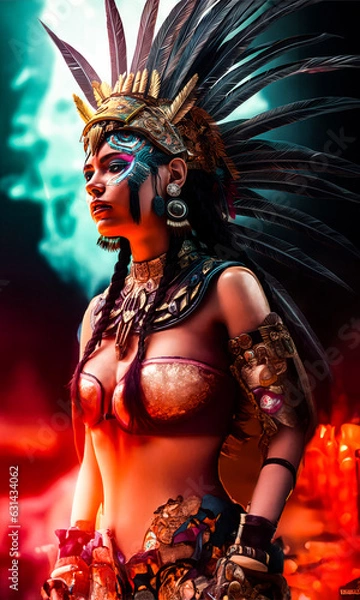 Fototapeta Aztec or mayan mythical woman wearing an elaborate feathered headdress and colorful face paint