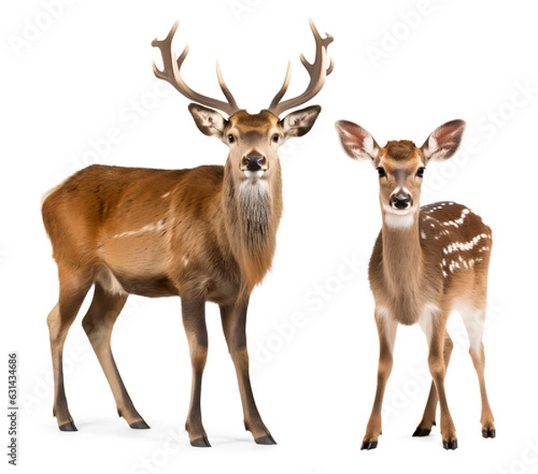 Fototapeta stag and doe deer family on isolated background