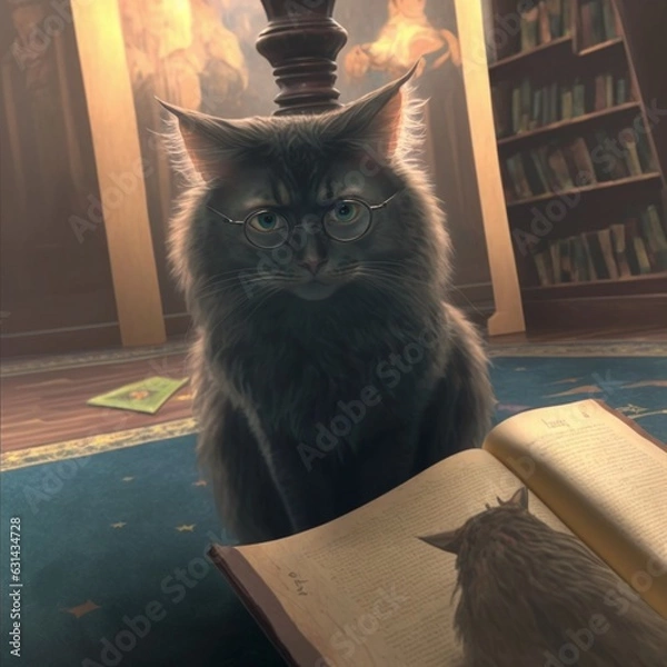 Fototapeta DarkGrey Nibelung cat with glasses and book in library in hofwarts style. AI generated