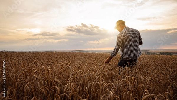 Obraz Farmer checking the quality of his wheat field at the sunset with copy space