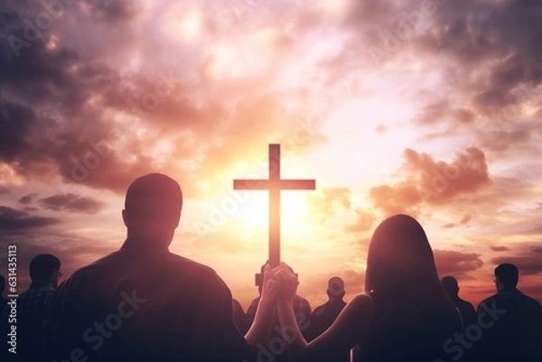 Obraz Worship concept:  christian people hand in hand over  cross on spiritual sky background, Generative AI