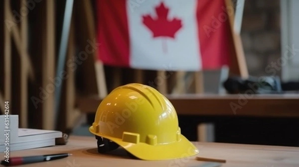 Fototapeta yellow helmet of a builder on a wooden table against the background of the flag. labor day in Canada. 