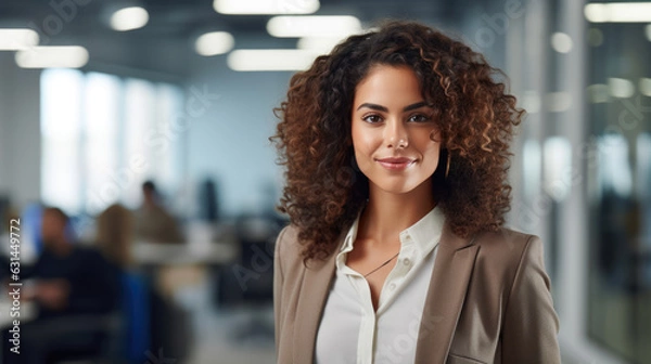 Fototapeta Close up portrait of a smiling young businesswoman in suit standing against office background.Created with Generative AI technology.