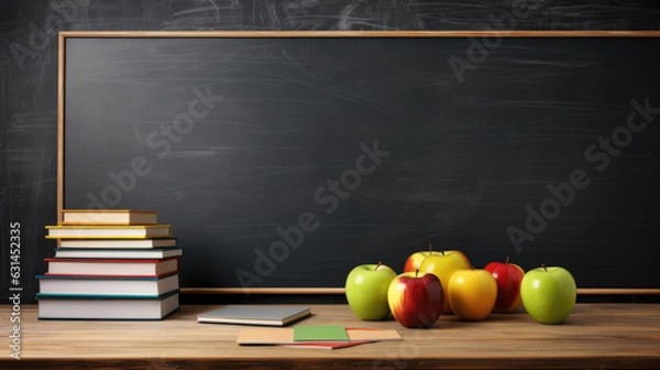 Fototapeta Back to school concept. Apple and book on empty school blackboard background.Created with Generative AI technology.