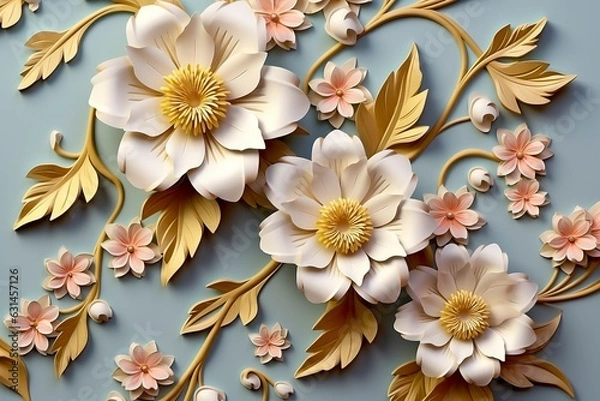 Fototapeta Elegant colorful 3d flowers with leaves on a tree illustration background. 