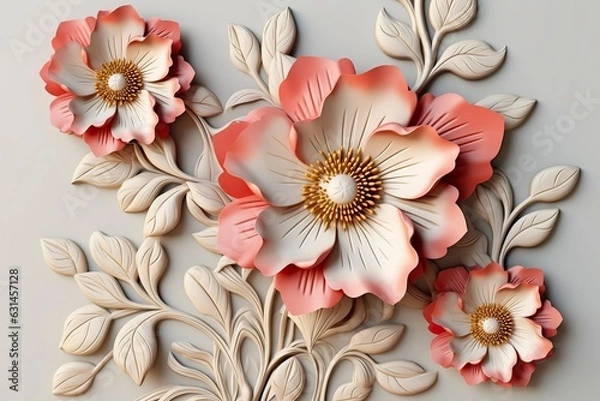 Fototapeta Elegant colorful 3d flowers with leaves on a tree illustration background. 