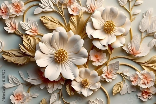 Fototapeta Elegant colorful 3d flowers with leaves on a tree illustration background. 