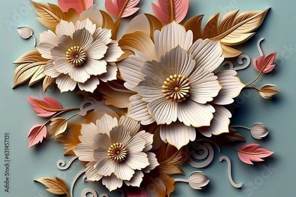Fototapeta Elegant colorful 3d flowers with leaves on a tree illustration background. 