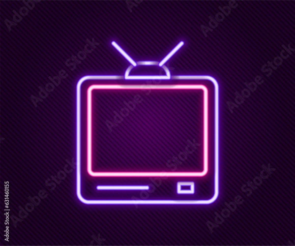 Fototapeta Glowing neon line Retro tv icon isolated on black background. Television sign. Colorful outline concept. Vector
