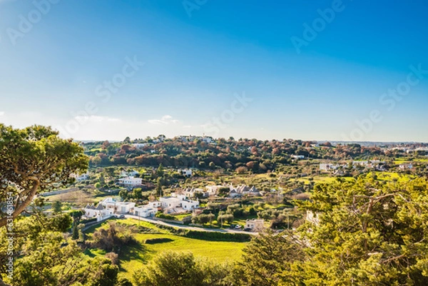 Fototapeta Locorotondo countryside with view of scattered whitewashed cone-roofed Trulli houses