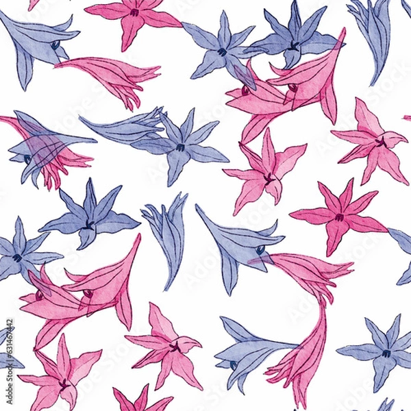 Fototapeta Cute flowers blossom seamless pattern. Watercolor floral motif background for print, textile, fabric, background. Vector illustration