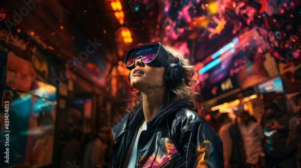 Fototapeta Woman in futuristic clothes wearing modern VR goggles having virtual reality experience. Augmented reality game, future technology, AI concept. Neon purple light.