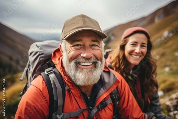 Fototapeta Two senior hikers wearing casual clothes admiring a scenic view from a mountain top. Adventurous old man and lady with backpacks. Hiking and trekking on a nature trail.