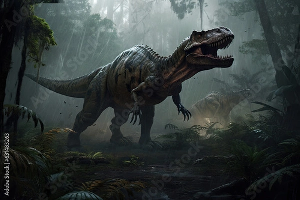 Obraz A t rex dinozaur rozciera się przez prehistoryczny las