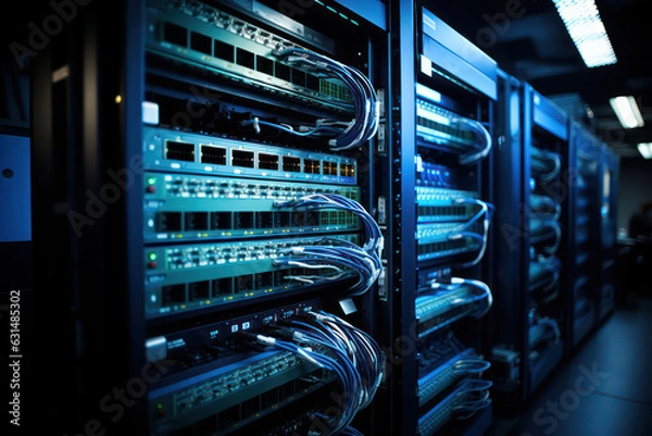 Obraz A shot of the network backbone in a server farm, with neatly organized cables and switches, illustrating the intricate connectivity that enables seamless data transfer | ACTORS: None | LOCATION TYPE: