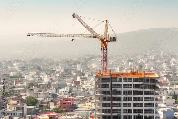 Fototapeta Construction site with cranes. Video. Construction workers are building. Aerial view