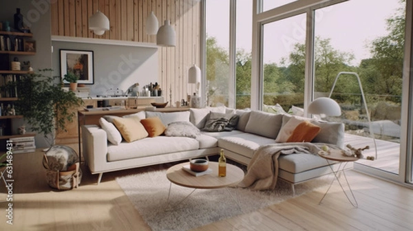 Fototapeta Modern scandinavian living room AI-generated